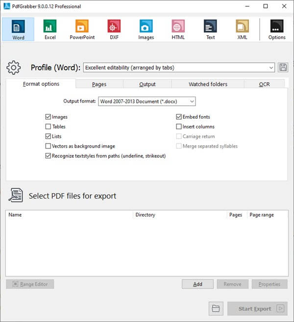 واجهة برنامج PDF Grabber لتحويل ملفات PDF