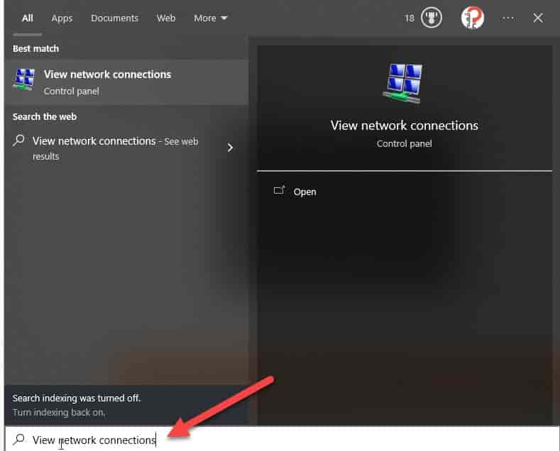  Search View network connections in Windows search box
