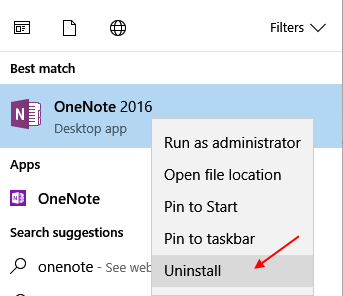 إلغاء تثبيت تطبيق Onenote