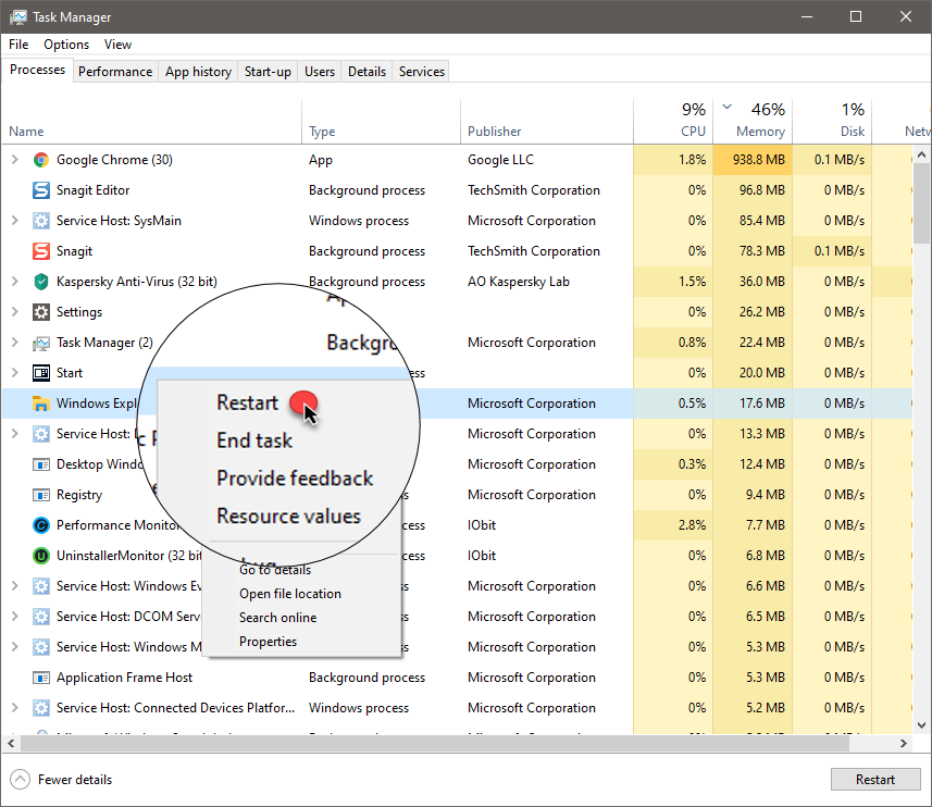 إعادة تشغيل Windows File Explorer g لفحض تعطل الماوس