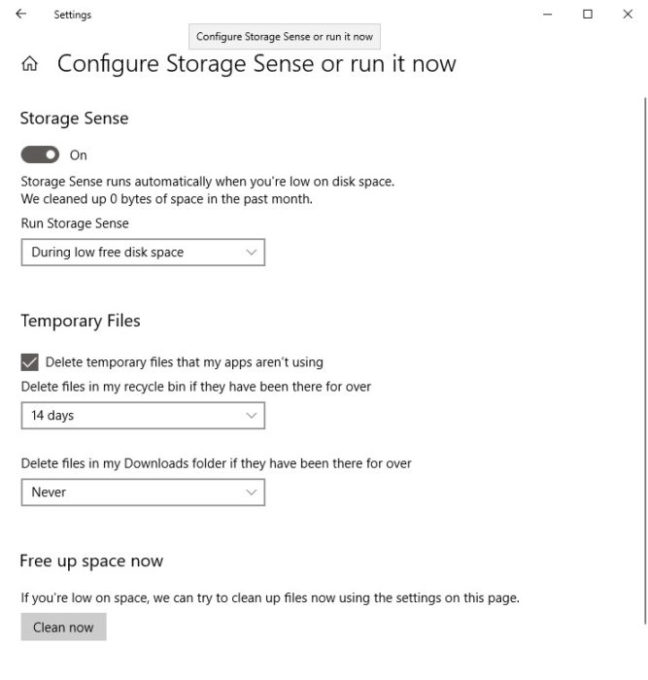 configure storage sense or run it now